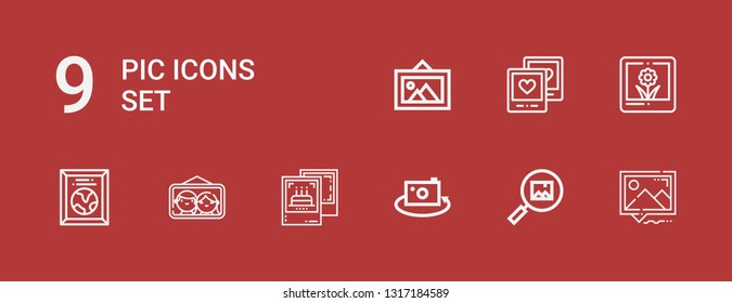 Editable 9 pic icons for web and mobile. Set of pic included icons line Picture, Pictures on red background