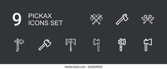 Editable 9 pickax icons for web and mobile. Set of pickax included icons line Axe, Axes on dark background