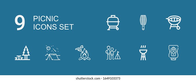 Editable 9 picnic icons for web and mobile. Set of picnic included icons line Ketchup, Bbq, Camping, Marshmallow, Rest area, Grill, BBQ grill on blue background