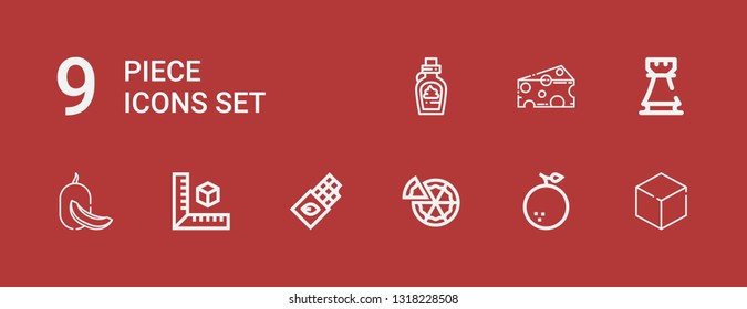 Editable 9 piece icons for web and mobile. Set of piece included icons line Cube, Orange, Pizza, Chocolate, Melon, Rook, Cheese on red background