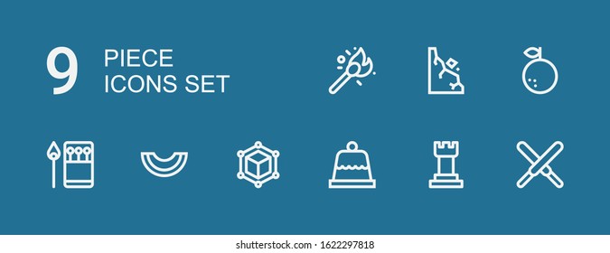 Editable 9 piece icons for web and mobile. Set of piece included icons line Chocolate, Chess, Dessert, Cube, Melon, Matches, Orange, Rocks on blue background