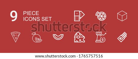 Editable 9 piece icons for web and mobile. Set of piece included icons line Chocolate, Rook, Cheese, Melon, Orange, Pizza, Cube, Domino on red background