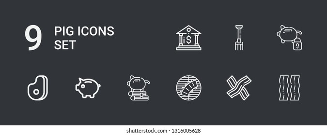 Editable 9 pig icons for web and mobile. Set of pig included icons line Bacon, Ribs, Piggy bank, Meat, Pitchfork, Bank on dark background