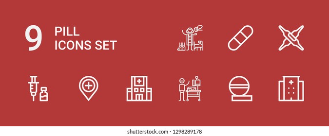 Editable 9 pill icons for web and mobile. Set of pill included icons line Hospital, Pills, Veterinarian, Vaccine, Calcium, Pill on red background
