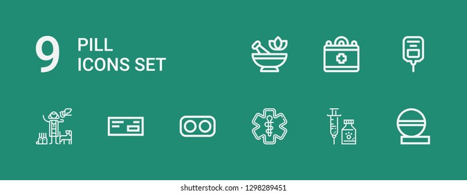 Editable 9 pill icons for web and mobile. Set of pill included icons line Pills, Vaccine, Pharmacy, Drugs, Medicine, Veterinarian, Saline, Medical, Mortar on green background