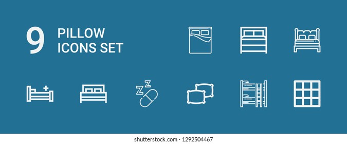 Editable 9 pillow icons for web and mobile. Set of pillow included icons line Blanket, Bunk bed, Pillows, Sleeping, Bed, Hospital bed on blue background