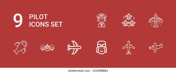 Editable 9 pilot icons for web and mobile. Set of pilot included icons line Airplane, Aircraft, Pilot, Aeroplane on red background