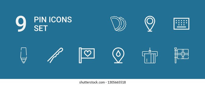 Editable 9 pin icons for web and mobile. Set of pin included icons line Flag, Atm, Placeholder, Hairpin, Marker, Keypad, Pastry on blue background