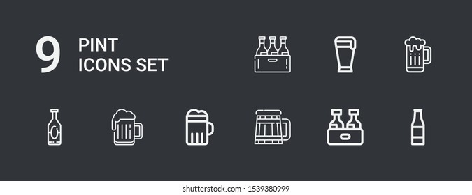 Iconos editables de 9 pinzas para web y móvil. Conjunto de pinta incluidos iconos línea botella de cerveza, cerveza sobre fondo oscuro