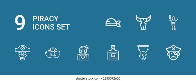 Editable 9 piracy icons for web and mobile. Set of piracy included icons line Pirate, Skull, Poison, Pirates on blue background
