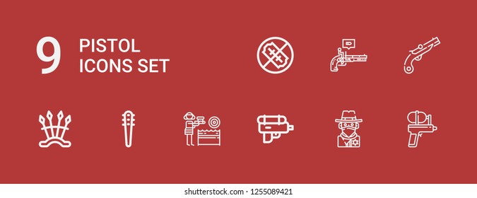 Editable 9 pistol icons for web and mobile. Set of pistol included icons line Water gun, Cowboy, Weapons, Musket, Pistol, No weapons on red background