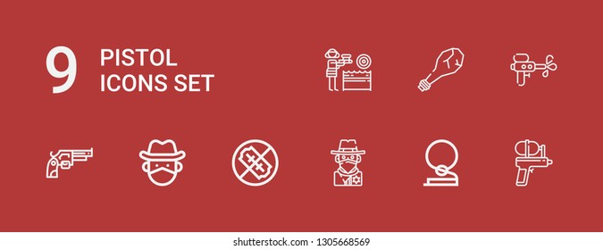 Editable 9 pistol icons for web and mobile. Set of pistol included icons line Water gun, Cowboy, No weapons, Revolver, Weapon on red background