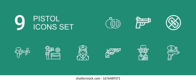 Editable 9 pistol icons for web and mobile. Set of pistol included icons line Water gun, Cowboy, Revolver, Police, No weapons, Gun, Grenade on green background