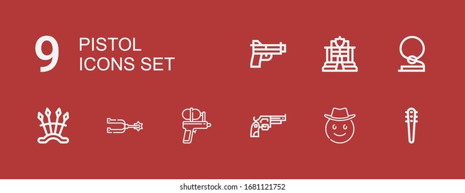 Editable 9 iconos de pistolas para la web y móvil. Conjunto de pistolas incluían iconos línea Armas, Cowboy, Revolver, cañón de agua, Spur, policía, pistola en rojo.
