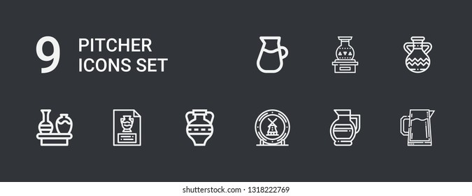 Editable 9 pitcher icons for web and mobile. Set of pitcher included icons line Pitcher, Lemonade, Ceramic, Amphora, Vase, Jug on dark background