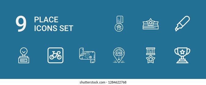 Editable 9 place icons for web and mobile. Set of place included icons line Trophy, Medal, Location, Map, Parking, Marker, Award on blue background