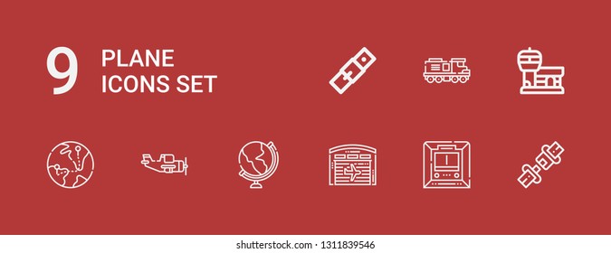 Editable 9 plane icons for web and mobile. Set of plane included icons line Seat belt, Metro, Hangar, Globe, Aeroplane, Airport, Train, Belt on red background