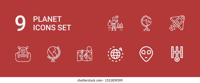 Editable 9 planet icons for web and mobile. Set of planet included icons line Uranus, Alien, World, Map, Globe, Rocket, Environment on red background