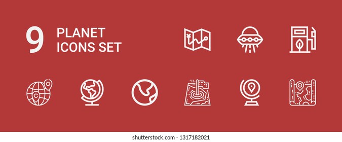 Editable 9 planet icons for web and mobile. Set of planet included icons line Map, Globe, Earth, Worldwide, Eco fuel, Ufo on red background