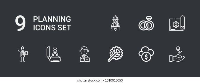 Editable 9 planning icons for web and mobile. Set of planning included icons line Startup, Funds, Crank arm, Manager, Engagement, Planning on dark background
