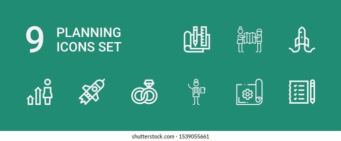 Editable 9 planning icons for web and mobile. Set of planning included icons line Shopping list, Planning, Manager, Engagement, Startup, Development, Plan on green background