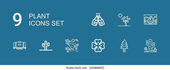 Editable 9 plant icons for web and mobile. Set of plant included icons line Cactus, Pine tree, Clover, Desert, Tank, Landscape, Botanical, Beer on blue background
