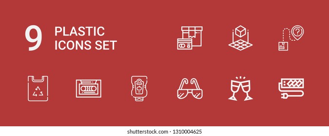 Editable 9 plastic icons for web and mobile. Set of plastic included icons line Socket, Glasses, Sunglasses, Ketchup, Cassette, Paper bag, Package, d cube on red background