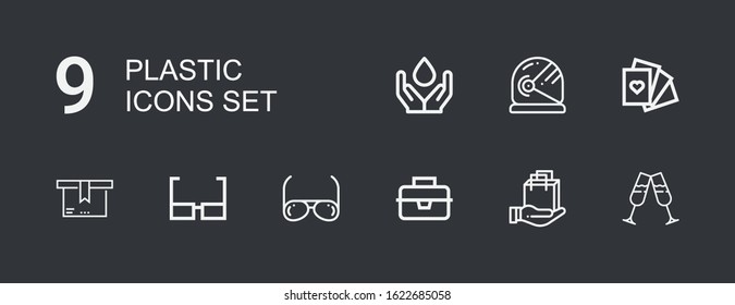 Editable 9 plastic icons for web and mobile. Set of plastic included icons line Glasses, Shopping bag, Lunchbox, Sunglasses, Package, Cards, Helmet, Water on dark background