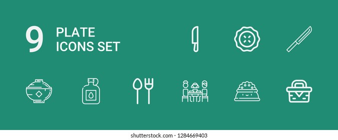 Editable 9 plate icons for web and mobile. Set of plate included icons line Picnic, Plate, Lunch, Cutlery, Canteen, Bowl, Knife, Pie on green background