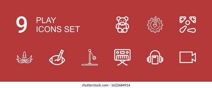 Editable 9 play icons for web and mobile. Set of play included icons line Video, Audiobook, Piano, Ball, Rugby ball, Mask, Pinball, Power, Teddy bear on red background