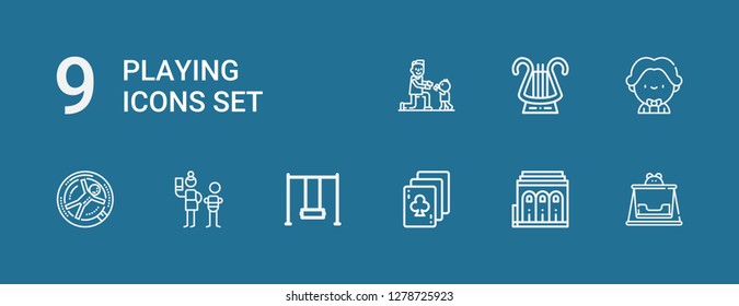 Editable 9 playing icons for web and mobile. Set of playing included icons line Swing, Philharmonic, Playing cards, Neglect, Zorbing, Musician, Lyre, Fatherhood on blue background