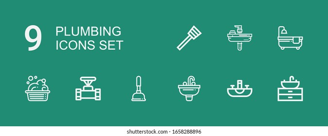 Editable 9 iconos de fontanería para web y móvil. Conjunto de elementos de fontanería incluidos la línea de iconos Sink, Plunger, Pipe, Washbowl, Bathtub en fondo verde