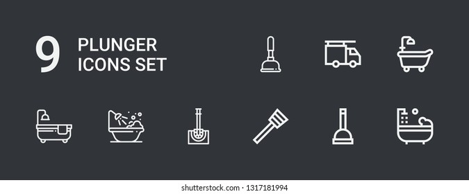 Editable 9 plunger icons for web and mobile. Set of plunger included icons line Bathtub, Plunger, Toilet brush, Plumber on dark background