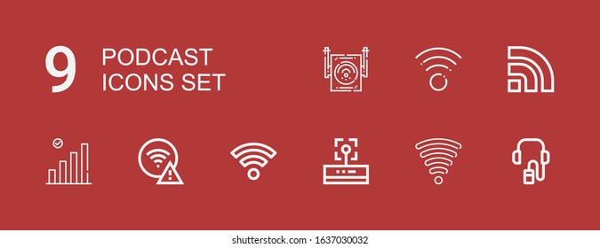 Editable 9 podcast icons for web and mobile. Set of podcast included icons line Audio guide, Wifi signal, Wifi, Rss on red background