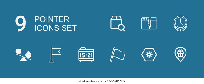 Editable 9 pointer icons for web and mobile. Set of pointer included icons line Placeholder, Day, Flag, Alarm clock, Time, Split, Localize on blue background