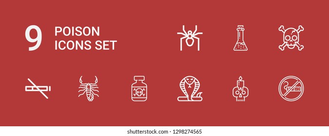 Editable 9 poison icons for web and mobile. Set of poison included icons line Smoking, Skull, Snake, Posion, Scorpion, No smoke, Potion, Spider on red background