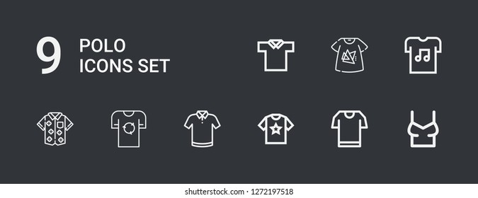 Editable 9 polo icons for web and mobile. Set of polo included icons line Shirt, Tshirt, Polo shirt on dark background