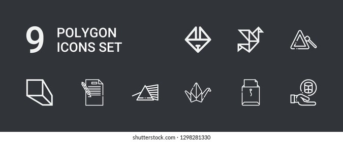 Editable 9 polygon icons for web and mobile. Set of polygon included icons line Cylinder, Letter, Origami, Prism, Minerals, Triangle on dark background