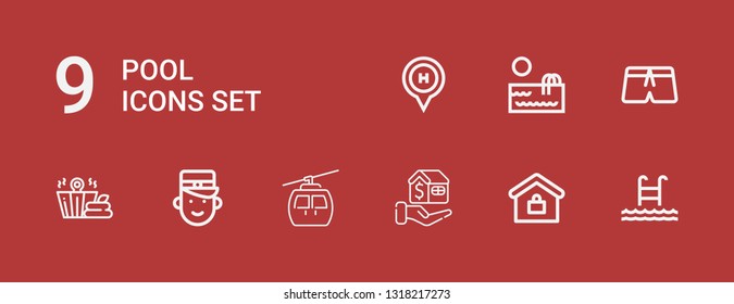 Editable 9 pool icons for web and mobile. Set of pool included icons line Swim, Real estate, Mortgage, Cableway, Bellboy, Sauna, Swimsuit, Swimming pool, Hotel on red background