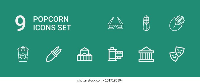 Editable 9 popcorn icons for web and mobile. Set of popcorn included icons line Theater, Film, Corn, Popcorn, d glasses on green background