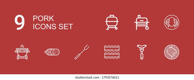 Editable 9 pork icons for web and mobile. Set of pork included icons line Barbecue, Sausage, Bacon, Barbecue fork, Salami, Grill, Peking duck, Bbq on red background