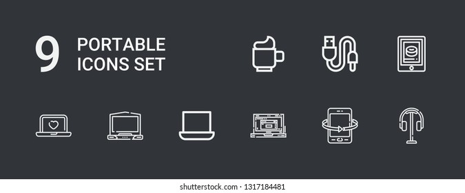 Editable 9 portable icons for web and mobile. Set of portable included icons line Headphones, Tablet, Laptop, Usb, Cup on dark background