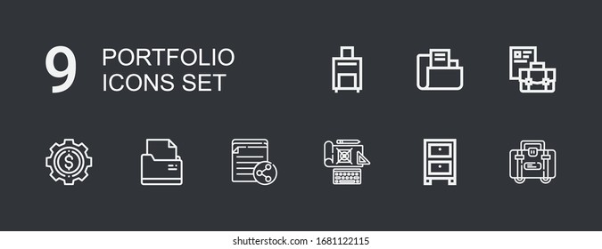 Editable 9 portfolio icons for web and mobile. Set of portfolio included icons line Briefcase, Cabinet, Design, File, Folder, Development, Luggage on dark background