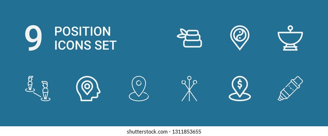 Editable 9 position icons for web and mobile. Set of position included icons line Marker, Placeholder, Pins, Location, Satellite dish, Zen on blue background