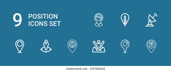 Editable 9 position icons for web and mobile. Set of position included icons line Location, Placeholder, Yoga, Position, Satellite dish on blue background