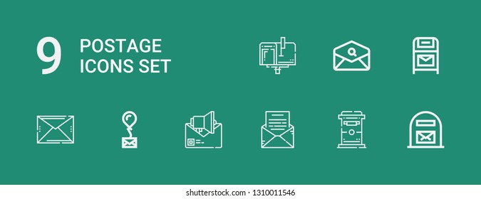 Editable 9 postage icons for web and mobile. Set of postage included icons line Mail box, Mailbox, Mail, Email, Postbox on green background