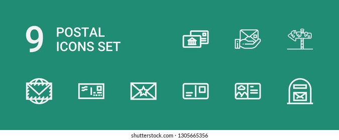 Editable 9 postal icons for web and mobile. Set of postal included icons line Mail box, Postcard, Envelope, Post, Postal on green background