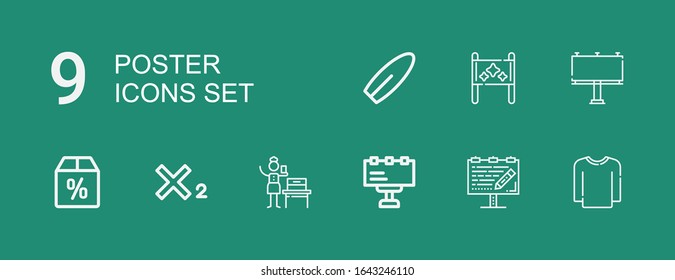 Iconos editables de 9 afiches para web y móvil. Conjunto de afiches incluidos la línea de iconos Sweater, Billboard, Woman sufragio, Subíndice, Oferta, Placard, Surfboard en fondo verde