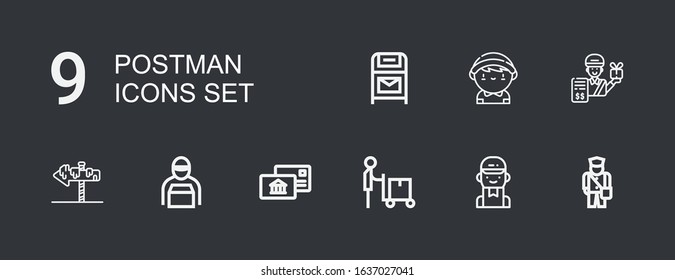 Editable 9 postman icons for web and mobile. Set of postman included icons line Postman, Delivery man, Postal, Post, Postbox on dark background
