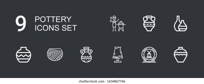 Editable 9 pottery icons for web and mobile. Set of pottery included icons line Pottery, Ceramic, Jug, Vase, Amphora on dark background